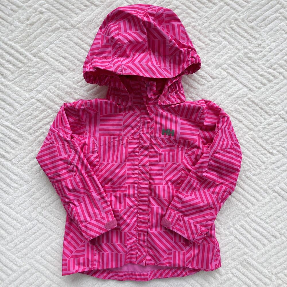 Helly Hansen Girls Size 5 110 Pink Geometric Rain Jacket Removable Hood